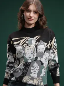 Tokyo Talkies Women Round Neck Self Design Printed Sweater