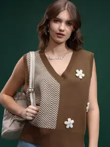 Tokyo Talkies Women Embellished Sleeveless V Neck Sweater