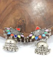 VAGHBHATT Silver-Plated Mirror Oxidised Studded & Beaded Jhumkas