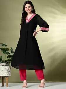 Sangria Woven Design V-Neck A-Line Kurta
