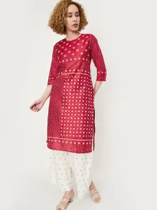 max Women Ethnic Motifs Printed Keyhole Neck Flared Sleeves Thread Work Kurta