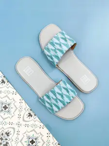 POSTCARD Women Printed Open Toe Flats with Embroidered