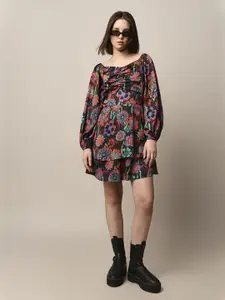ONLY Floral Printed Puff Sleeve Satin A-Line Dress
