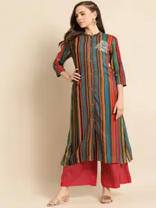 Anouk Women Striped Keyhole Neck Flared Sleeves Thread Work Liva Kurta