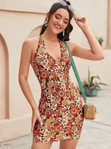 TANDUL Floral Print Halter Neck Bodycon Dress