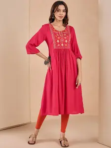 Likha Women Yoke Design Flared Sleeves Thread Work Kurta