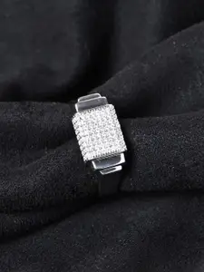 Clara Men 925 Sterling Silver Platinum-Plated Cubic Zirconia-Studded Finger Ring