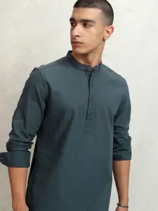 HIGHLANDER Men Solid Mandarin Collar Half Placket Roll-Up Sleeve Casual Shirt