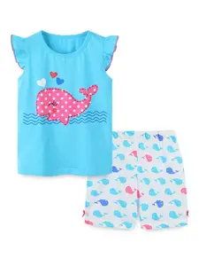 StyleCast Girls Blue Printed Pure Cotton T-shirt With Shorts