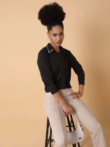 SHOWOFF Women Comfort Spread Collar Solid Crepe Casual Shirt