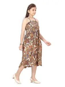 BAESD  Girls Floral Printed Shoulder Straps Fit & Flare Midi Dress