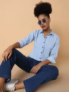 SHOWOFF Women Comfort Spread Collar Solid Cotton Slim Fit Casual Shirt