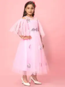 BAESD Girls Embellished Seuinned Flared Sleeve Net Fit & Flare Maxi Dress