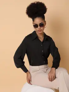 SHOWOFF Women Comfort Spread Collar Solid Satin Casual Shirt