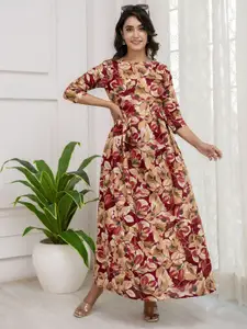 Nayo Floral Print Round Neck Maxi Fit and Flare Dress