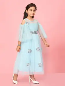 BAESD Girls Cold-Shoulder Sleeves Net Fit and Flare Maxi Dress