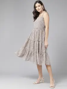 BAESD Women Floral Print shoulder Straps Sleeveless Georgette A-Line Midi Dress