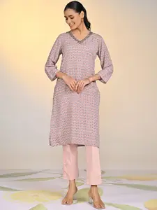Lakshita V Neck Floral Printed Sequinned Straight Kurta