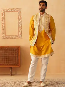 Jompers Floral Embroidered Chikankari Kurta with Pyjamas & Waistcoat