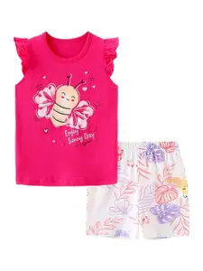 StyleCast Girls Pink Printed Pure Cotton T-shirt With Shorts