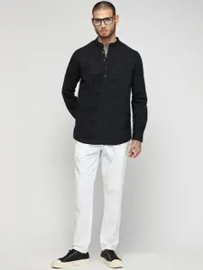 Red Flame Striped Band Collar Pure Cotton Straight Kurta