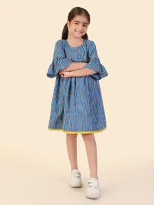 Fabindia Girls Striped Round Neck Bell Sleeve Cotton Fit & Flare Dress
