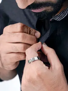 SWASHAA Men Sliver Plated Cubic Zirconia Studded Stainless Steel Finger Ring