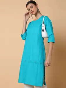 SHOWOFF Floral Embroidered Round Neck Cotton Straight Kurta