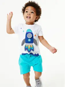 StyleCast Boys White Printed Pure Cotton T-shirt with Shorts