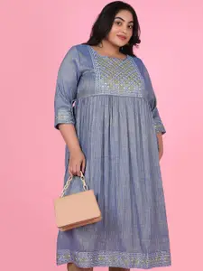 SHOWOFF Plus Size Geometric Yoke Design Mirror Work Cotton Pleated A-Line Kurta