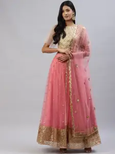 FABPIXEL Embroidered Sequinned Net Semi-Stitched Lehenga & Unstitched Blouse With Dupatta