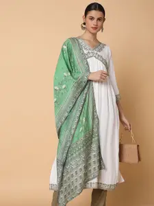 SHOWOFF Floral Embroidered Zari Empire A-Line Kurta With Dupatta