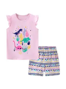 StyleCast Girls Pink Printed Pure Cotton Top with Shorts