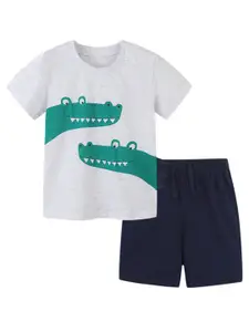 StyleCast White Boys Printed Pure Cotton T-shirt with Shorts