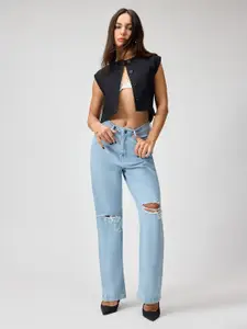 FREAKINS Women Pure Cotton Straight Fit High-Rise Highly Distressed Light Fade Jeans