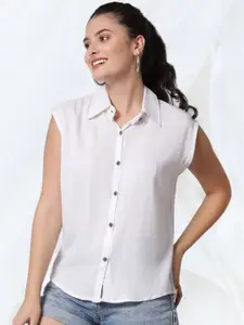 Funday Fashion Women Spread Collar Solid Cotton Casual Shirt