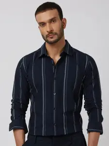 Mufti Men Spread Collar Striped Cotton Slim Fit Casual Shirt