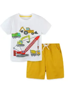StyleCast Boys White Printed Pure Cotton T-shirt with Shorts