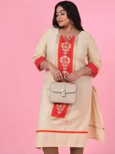 SHOWOFF Plus Size Floral Woven Design Cotton Straight Kurta