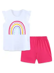 StyleCast White & Pink Girls Printed Pure Cotton T-shirt With Shorts