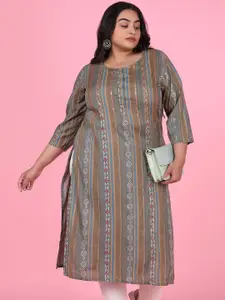 SHOWOFF Plus Size Floral Printed Thread Work Cotton Straight Kurta