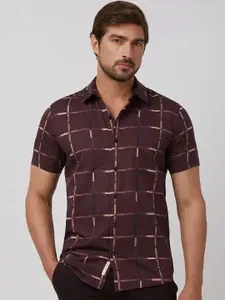 Mufti Men Spread Collar Windowpane Checks Checked Cotton Slim Fit Casual Shirt