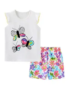 StyleCast White Girls Printed Pure Cotton Top with Shorts