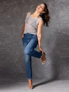 FREAKINS Women Tapered Fit High-Rise Mildly Distressed Light Fade Jeans