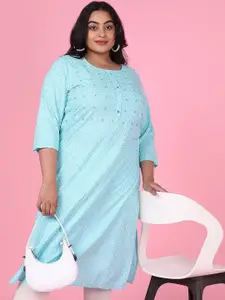 SHOWOFF Plus Size Floral Printed Round Neck Cotton Straight Kurta