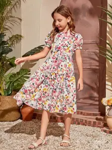 BAESD cotton Floral Printed Puff Sleeves  Midi Fit and Flare Dress