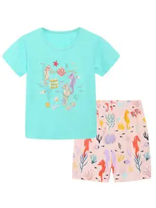 StyleCast Blue & Peach Girls Printed Pure Cotton T-shirt With Shorts