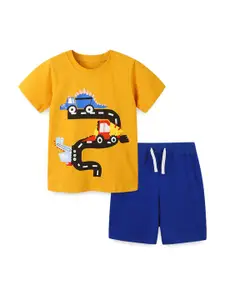 StyleCast Mustard Yellow Boys Printed Pure Cotton T-shirt with Shorts