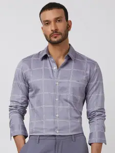 Mufti Men Spread Collar Windowpane Checks Checked Cotton Slim Fit Casual Shirt