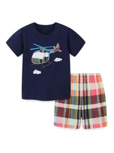StyleCast Navy Blue Boys Printed Pure Cotton T-shirt with Shorts